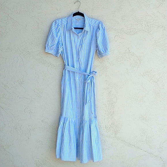 MAX STUDIO Blue White Striped Maxi Dress Button Up Belt Tie Size M - Picture 1 of 16